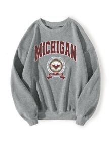 SHEIN Unity Letter & Eagle Print Sweatshirt - Grey - View 1