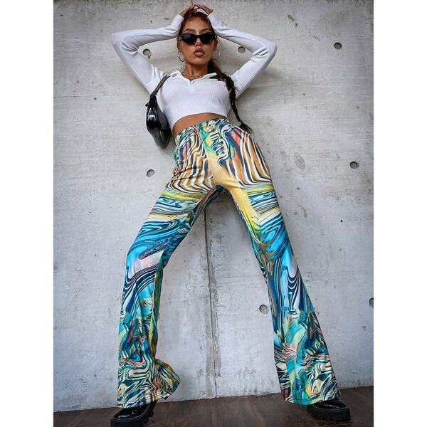 

High Waist Allover Print Flare Leg Pants, Multicolor