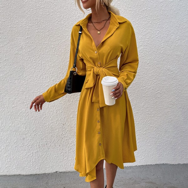

Drop Shoulder Knot Front Shirt Dress, Mustard yellow