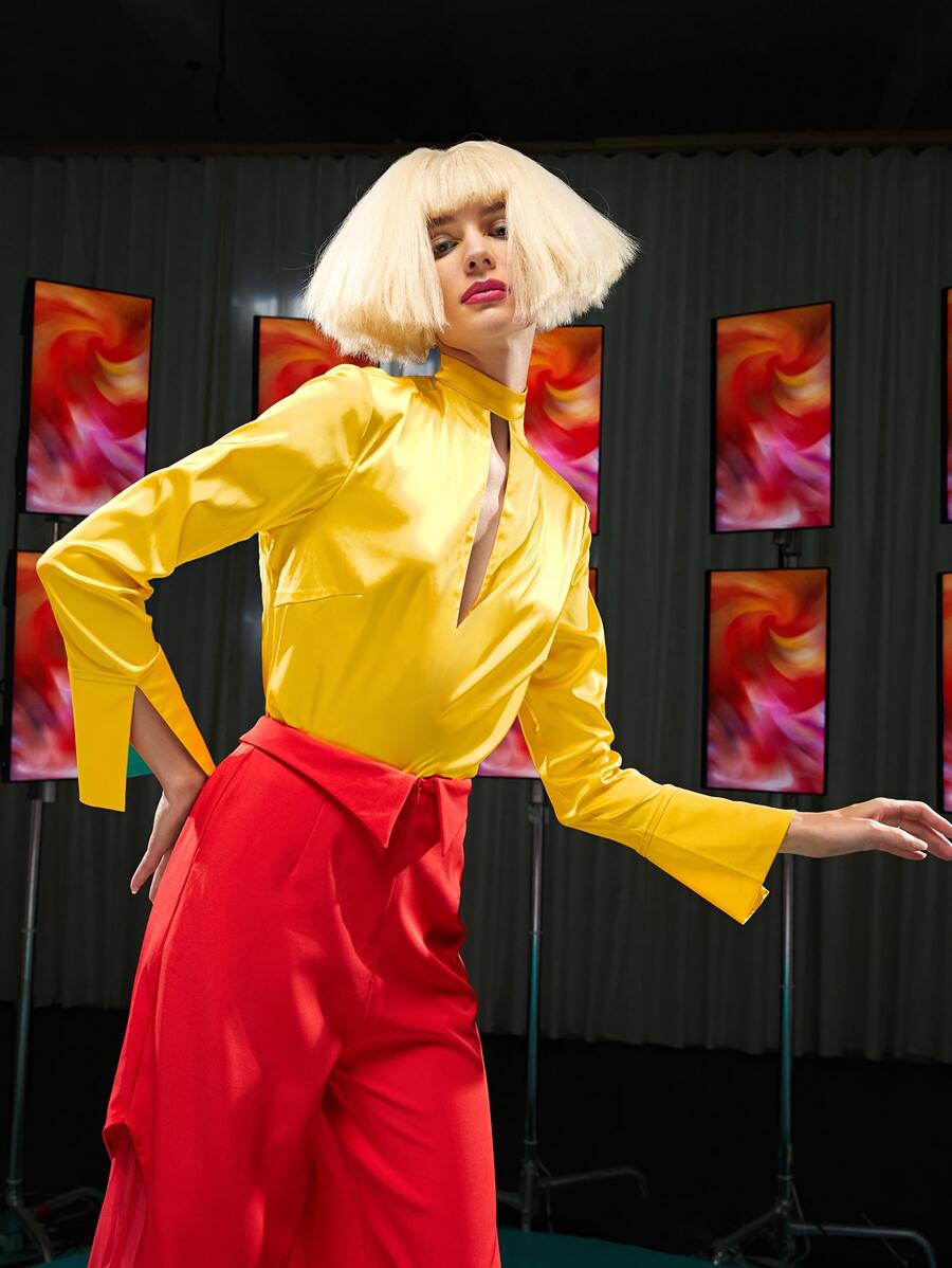 Ishara Gamage Keyhole Front Open Back Satin Top - Yellow - View 1