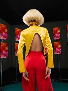 Ishara Gamage Keyhole Front Open Back Satin Top - Yellow - View 2