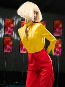 Ishara Gamage Keyhole Front Open Back Satin Top - Yellow - View 4