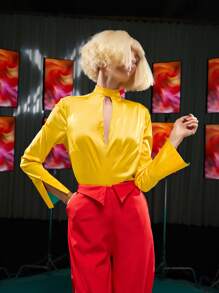 Ishara Gamage Keyhole Front Open Back Satin Top - Yellow - View 5