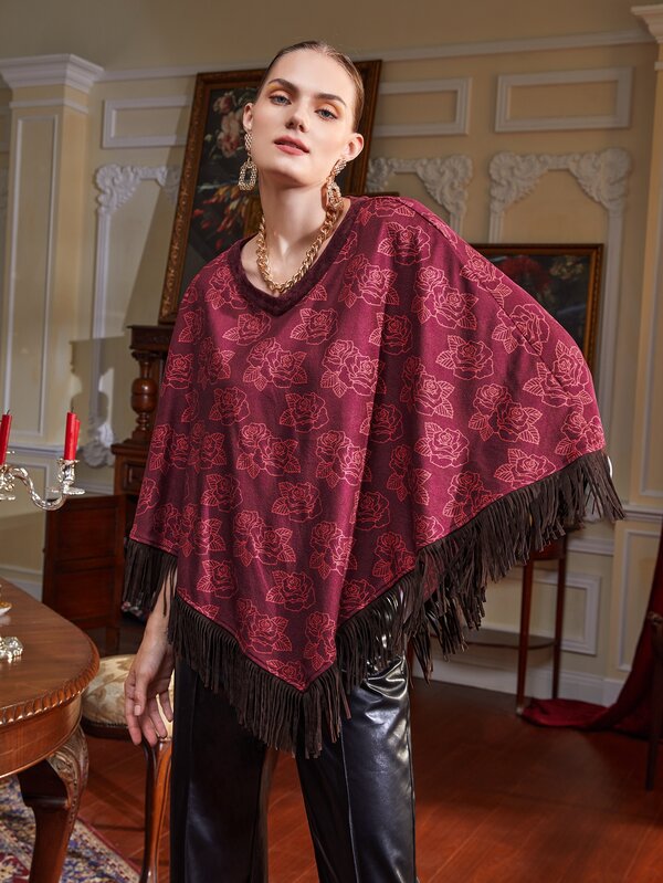 THUNDER Floral Print Fringe Trim Poncho Top