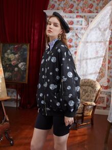 NIKYA 设计师水钻印花落肩飞行员夹克，假日，冬季 - 黑色 - 查看 1