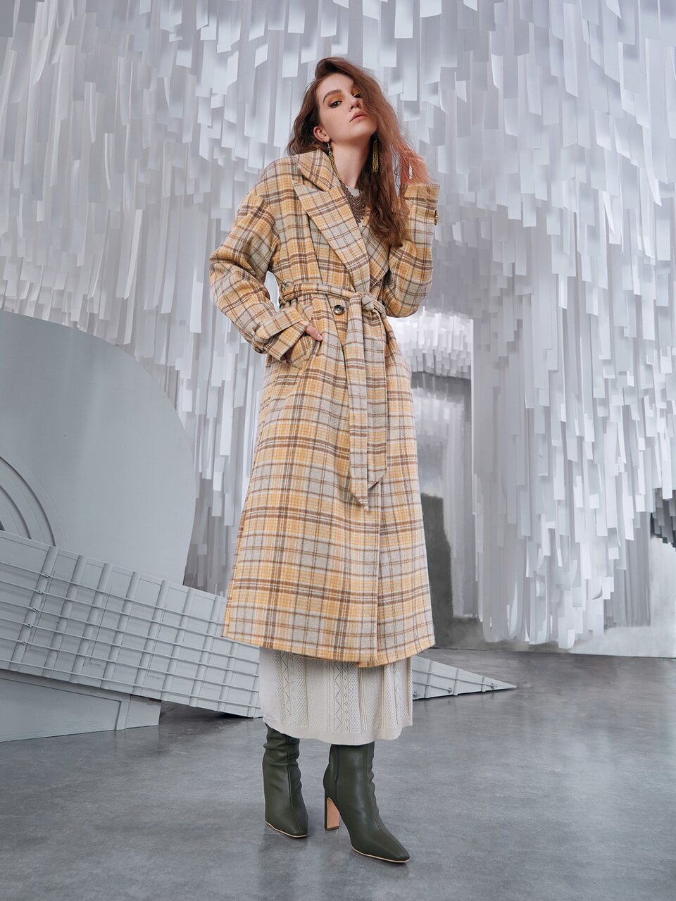Lapel Neck Tartan Print Drop Shoulder Belted Overcoat