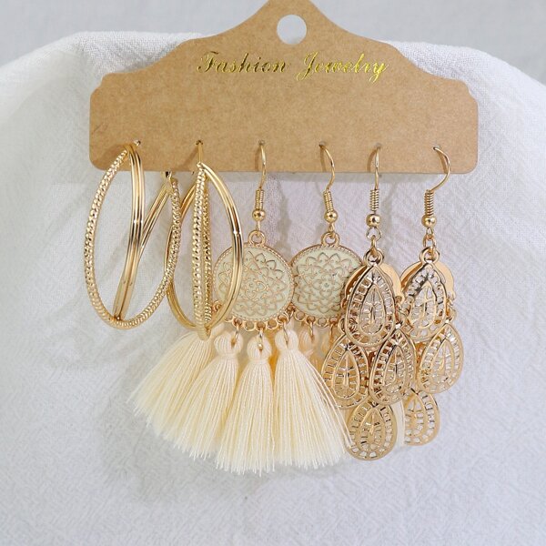 

3pairs Hollow Out Tassel Decor Earrings, Gold