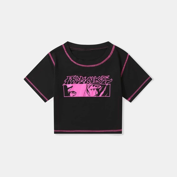 

Stitching Trim Letter Figure Graphic Crop Tee, Black