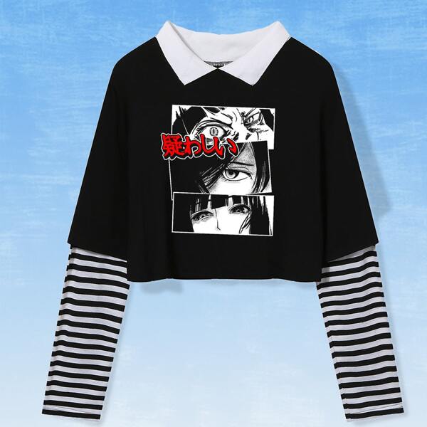 

2 In 1 Striped Sleeve Figure Graphic Crop Tee, Black and white