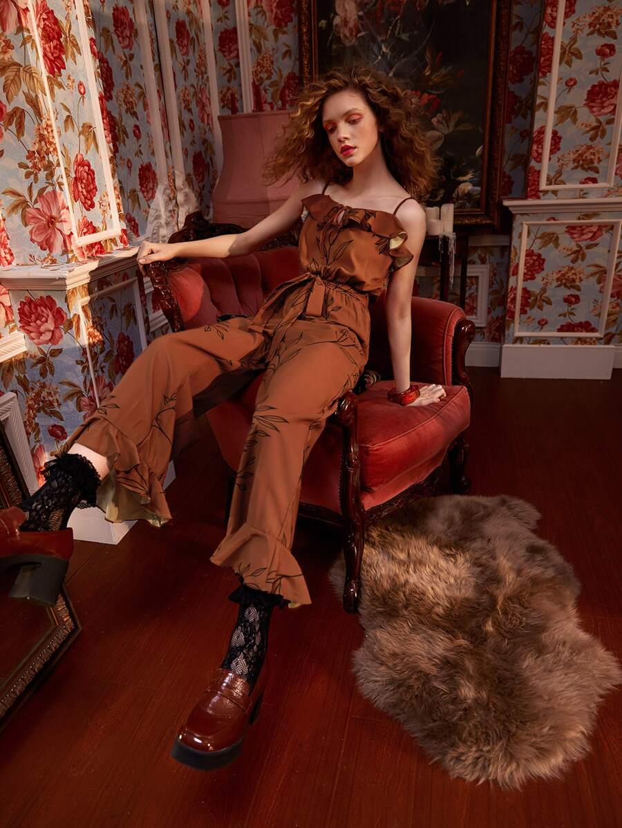 Karla Jodoin Áo liền quần nữ Thắt lưng Viên lá sen Thắt nơ trước Thực vật Boho - Rỉ Nâu - Xem 1