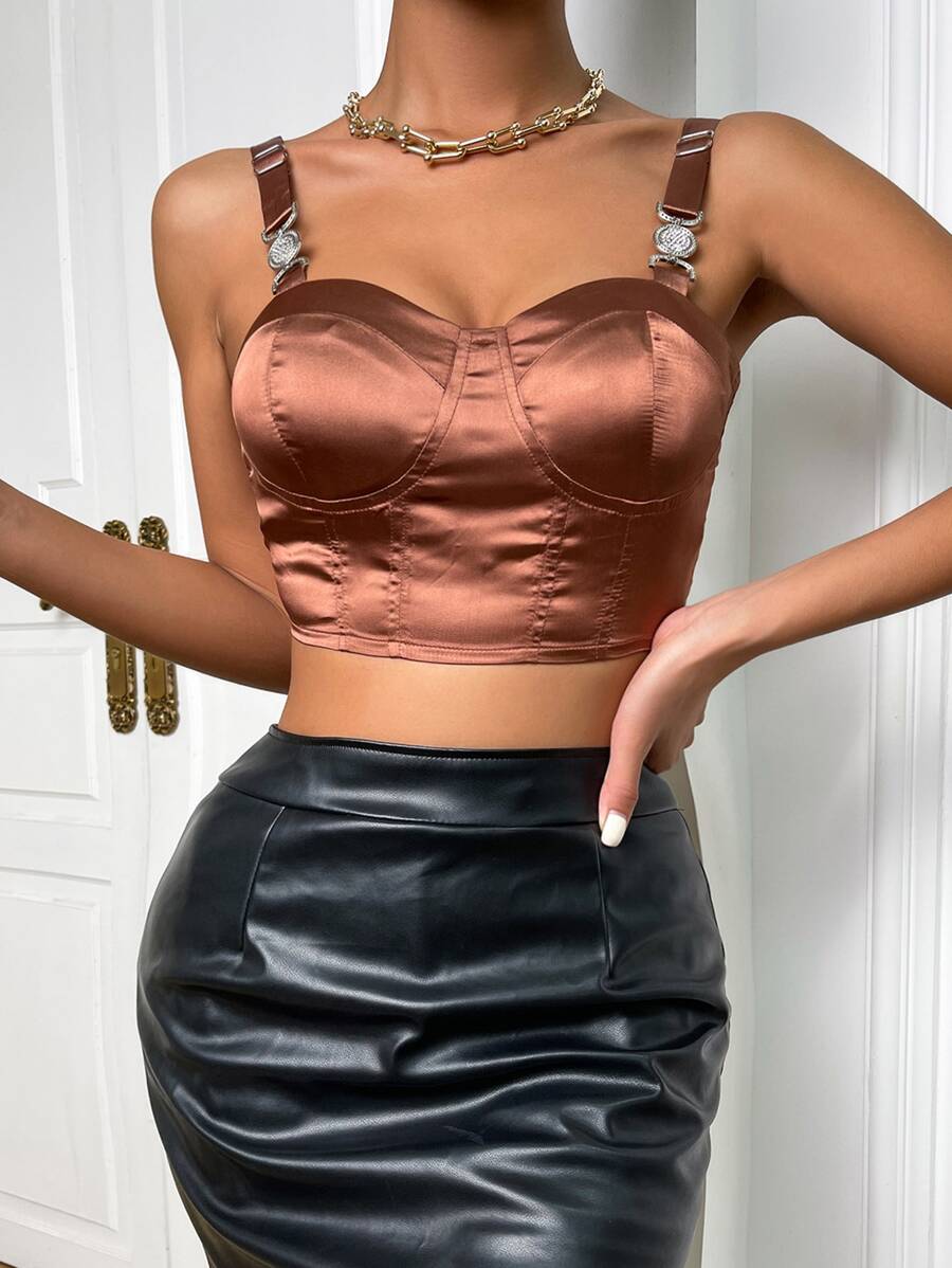 Zip Back Buckled Crop Cami Top - Rust Brown - View 1