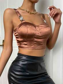 Zip Back Buckled Crop Cami Top - Rust Brown - View 3