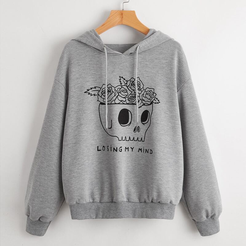 

Skull & Letter Print Drawstring Hoodie, Grey