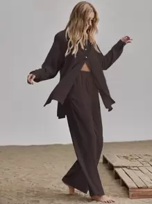 SHEIN LUNE 開衩長款襯衫和闊腿褲套裝