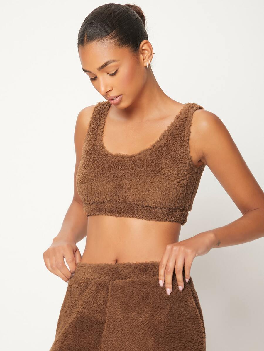 SHEIN BASICS Scoop Neck Flannel Tank Top - Brown - View 1