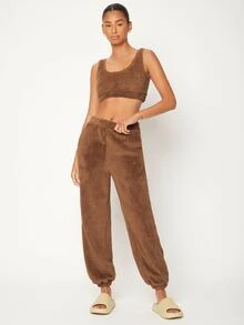 SHEIN BASICS Scoop Neck Flannel Tank Top - Brown - View 3