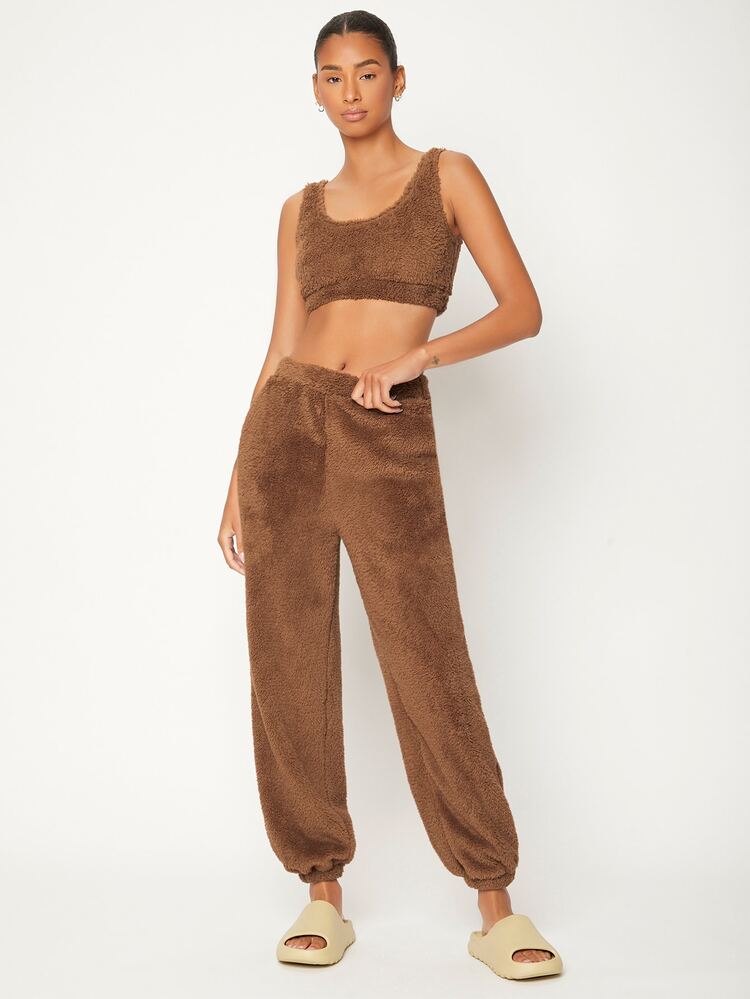 SHEIN BASICS 大圓領法蘭絨背心上衣 - 棕色 - 查看 3