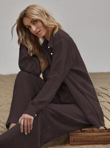 SHEIN LUNE 開衩長款襯衫和闊腿褲套裝