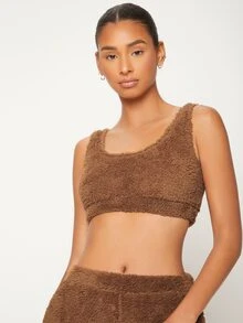 SHEIN BASICS Scoop Neck Flannel Tank Top - Brown - View 4
