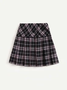 SHEIN 少女蘇格蘭方格印花寬腰摺褶裙