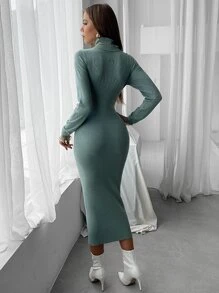 Modelyn Turtle Neck Pointelle Knit Bodycon Jumper Dress Without Belt - Green - View 2