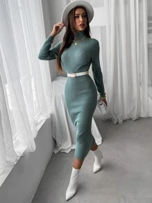 Modelyn Turtle Neck Pointelle Knit Bodycon Jumper Dress Without Belt - Green - View 3