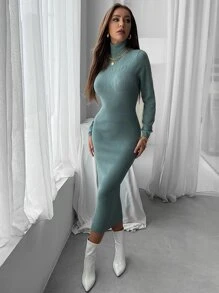 Modelyn Turtle Neck Pointelle Knit Bodycon Jumper Dress Without Belt - Green - View 4