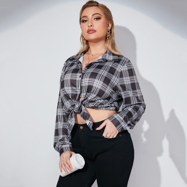 

Plus Plaid Button Through Blouse, Black and white