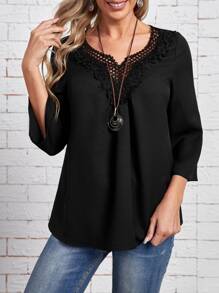 EMERY ROSE 蕾絲拼接荷葉袖襯衫 - 黑色 - 查看 1