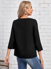 EMERY ROSE 蕾絲拼接荷葉袖襯衫 - 黑色 - 查看 2