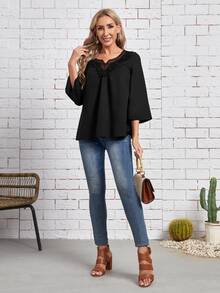 EMERY ROSE 蕾絲拼接荷葉袖襯衫 - 黑色 - 查看 3