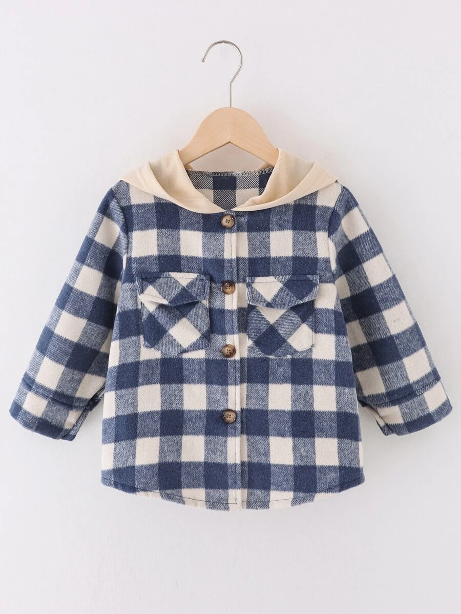 小女童大格紋翻蓋口袋連帽外套