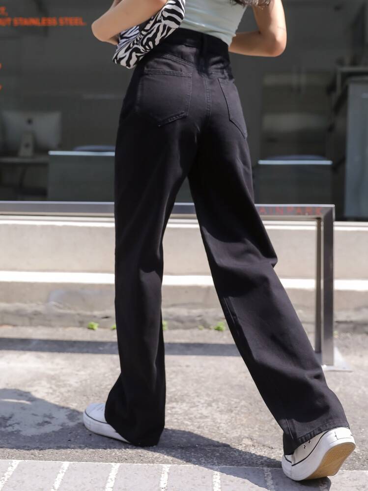 DAZY 實色高腰男友風牛仔褲 - 黑色 - 查看 2