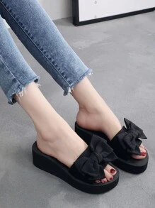 Sandalias de plástico con decoración de lazo y suela gruesa de moda para mujer - Negro - Ver 2
