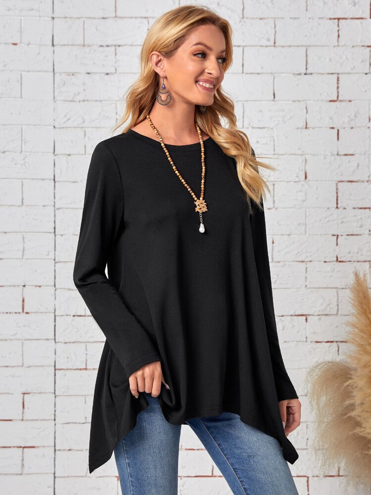 EMERY ROSE Asymmetrisk Slätt Enkel T-Shirt - Svart - Visa 5