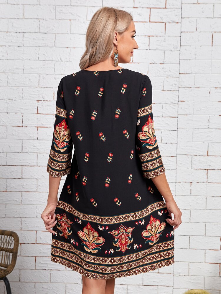 EMERY ROSE Floral Tassel Tie Neck Tunic Dress - Black - View 2