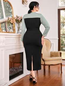 SHEIN Plus Two Tone Split Back Belted Bodycon Dress - Black - View 2