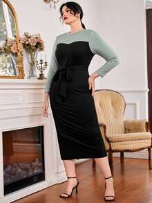 SHEIN Plus Two Tone Split Back Belted Bodycon Dress - Black - View 4