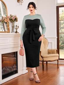 SHEIN Plus Two Tone Split Back Belted Bodycon Dress - Black - View 5