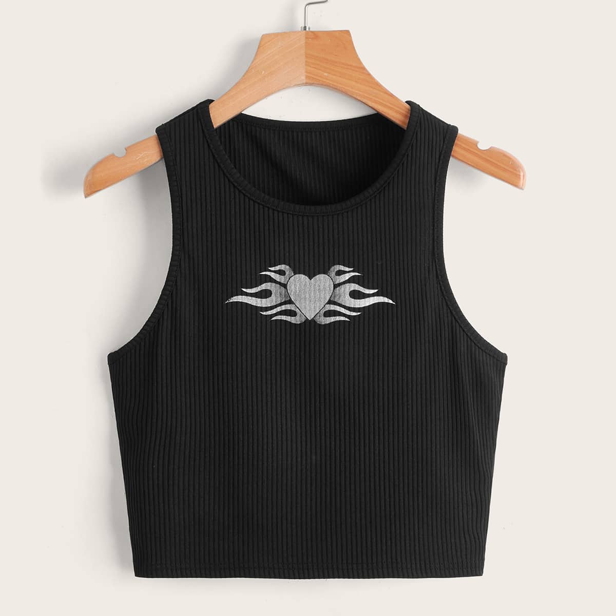 

Heart Graphic Ribbed Tank Top, Black