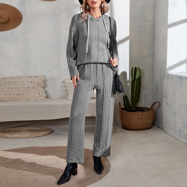 

Drop Shoulder Drawstring Textured Hoodie & Pants, Grey