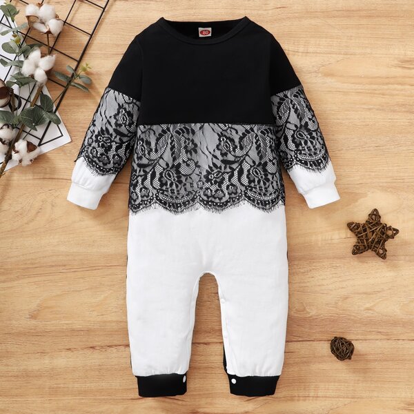 

Baby Lace Panel Color Block Jumpsuit, Black and white