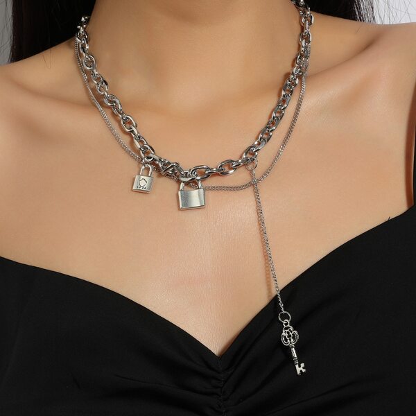 

Key & Lock Charm Necklace, Silver