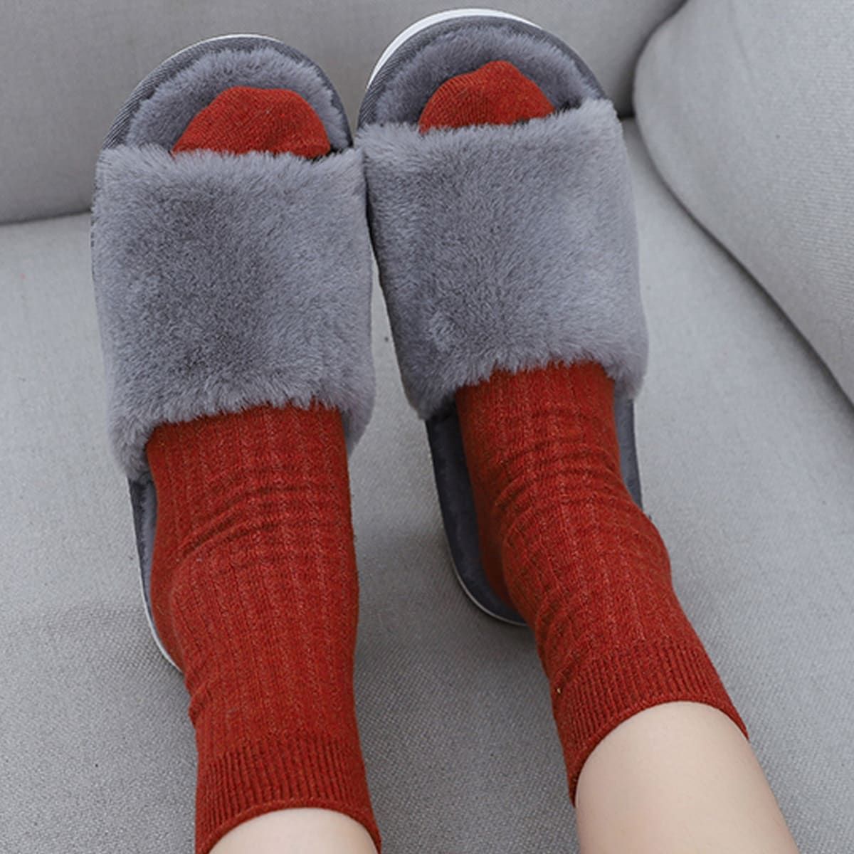 

Fluffy Open Toe Slippers, Grey