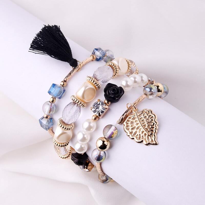

4pcs Faux Pearl Decor Bracelet, Black