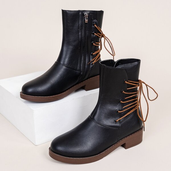 

Lace Up Design Side Zipper Boots, Black