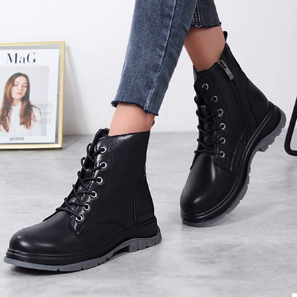 

Minimalist Lace-up Front Leather Boots, Black