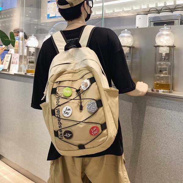 

Men Cartoon Badge Decor Large Capacity Backpack, Khaki