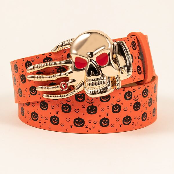 

1pc Halloween Skull Buckle Belt & 1pc Hole Puncher, Orange