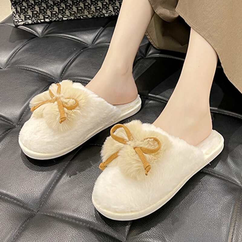 

Bow Decor Fluffy Slippers, White